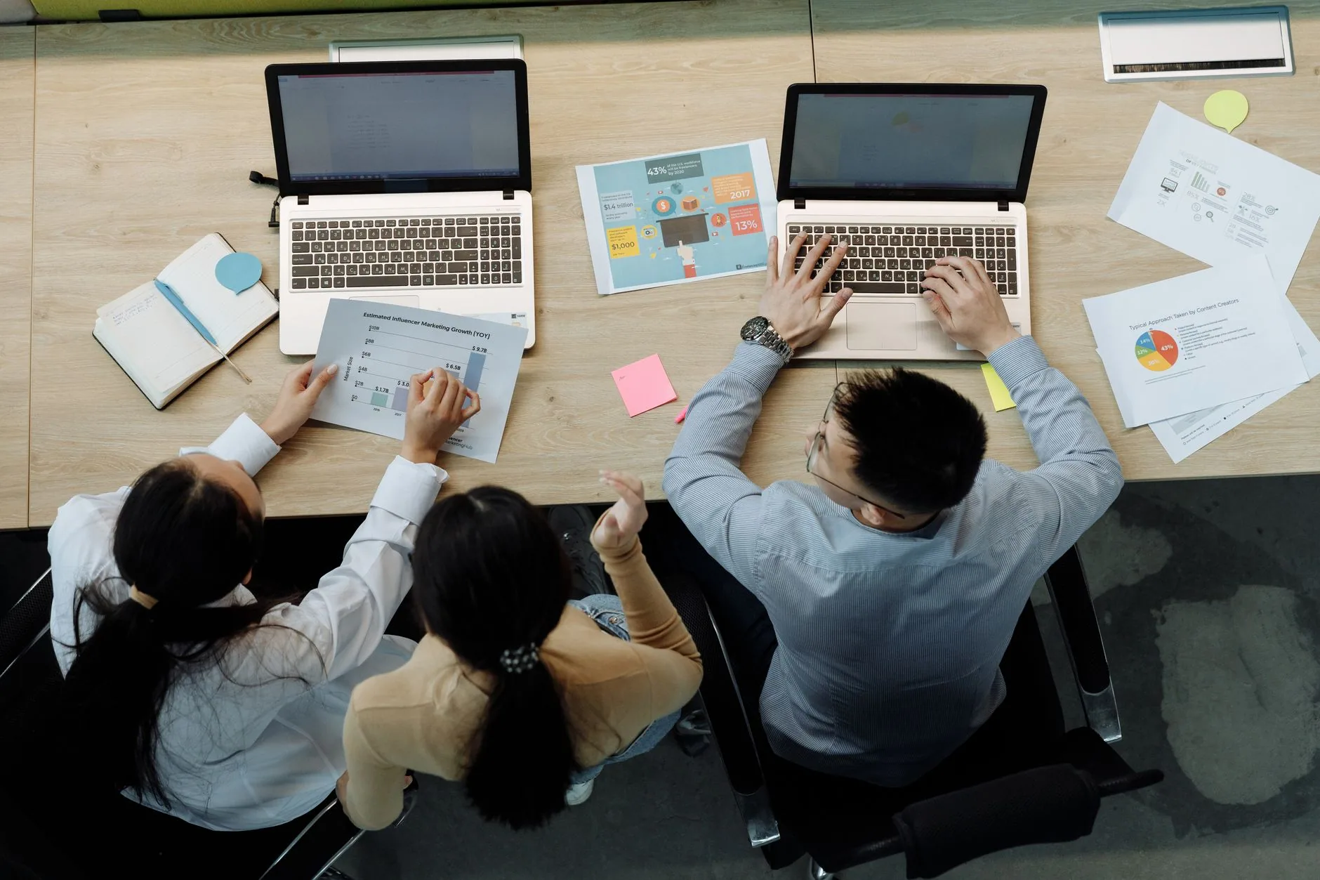 Trois collègues travaillant sur des ordinateurs portables autour d’un bureau
